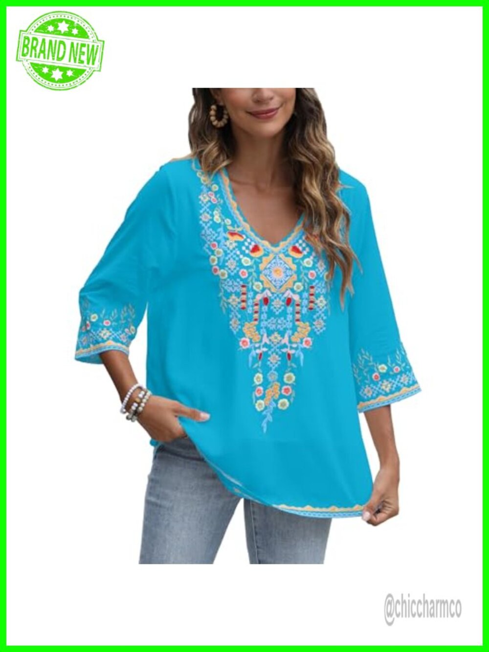 Mexican Embroidered Peasant Tunic Top Cotton Rayon 3/4 Sleeve V Neck Boho Blouse